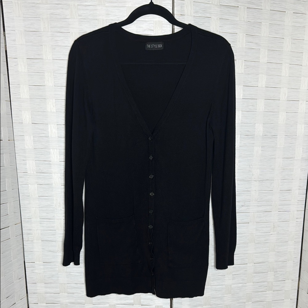 The Style Box Basic Black Button Down Cardigan w/Front Pockets see measurements - Picture 1 of 7